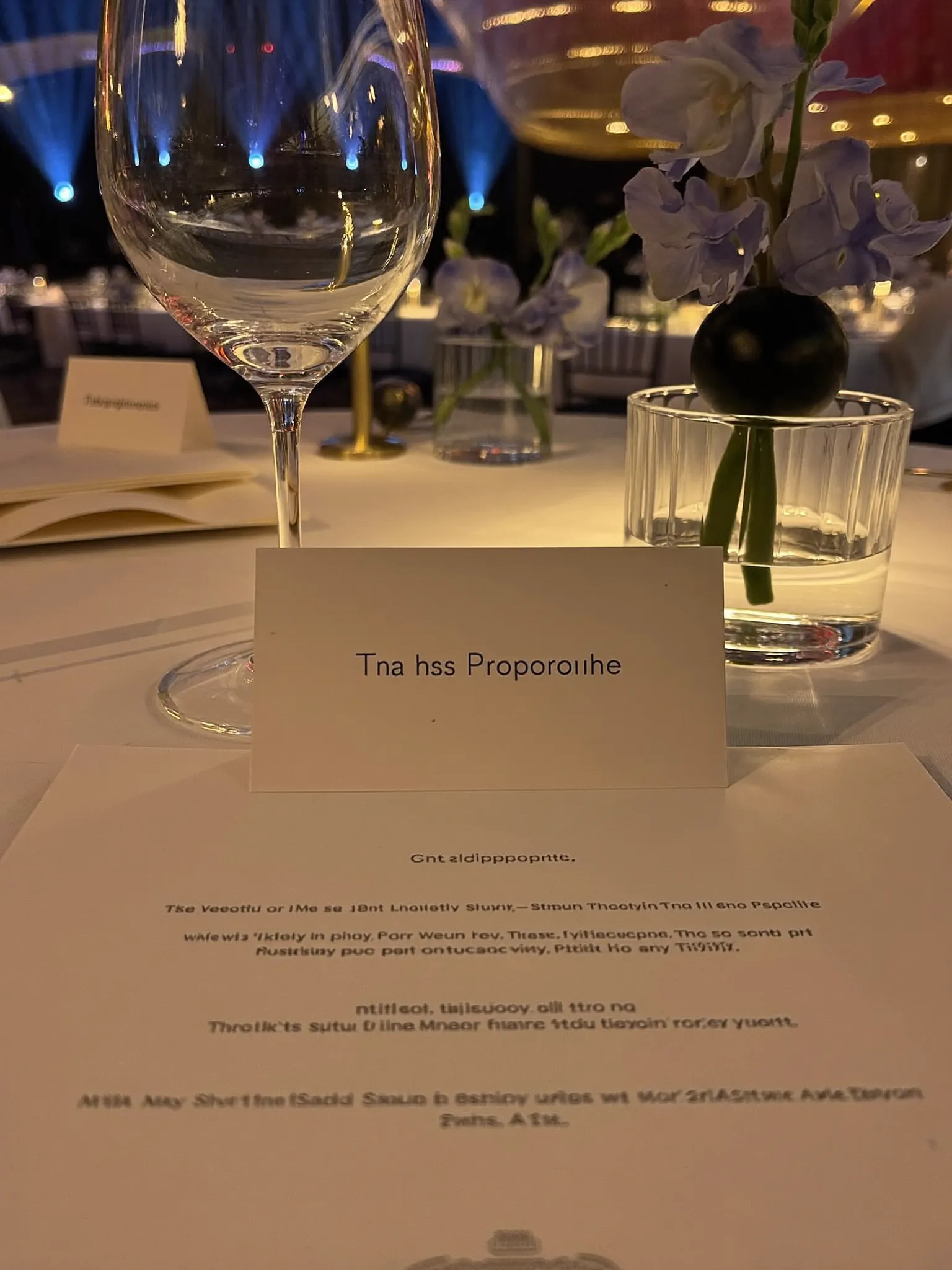 An elegant event table setting with a printed programme, a name card, a water glass and a small floral arrangement, with stage lights blurred behind